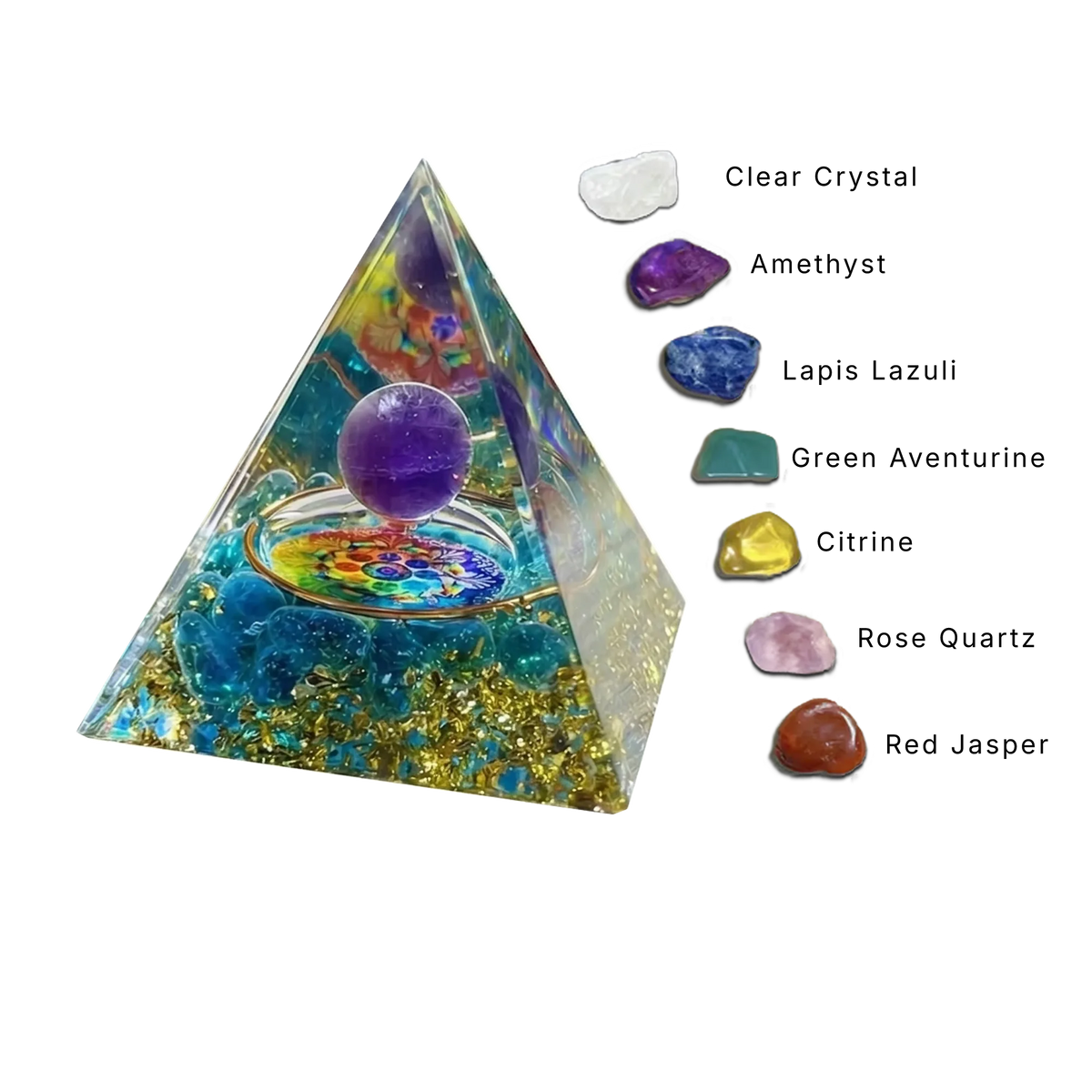 8pcs Orgone Pyramid Set with 7 Chakra Stones