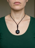 Black Obsidian Hexagram Necklace, Brown Cord