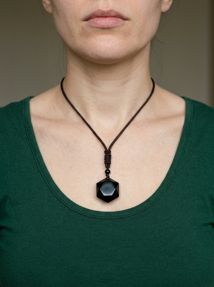 Black Obsidian Hexagram Necklace, Brown Cord
